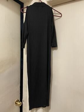 Sexy Black Ribbed Cold Shoulder Midi Dress Mock Neck Bodycon Style Size M/L